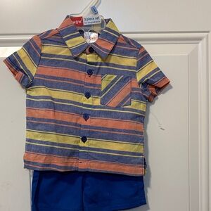 Infant 0-3 Month Boy Three Piece Striped Button Short Set - Orange, Yellow, Blue
